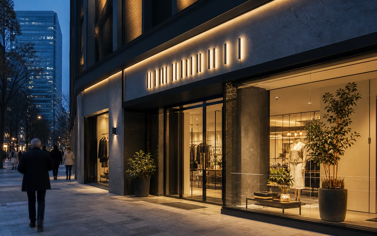 Fachada retail con letras volumétricas