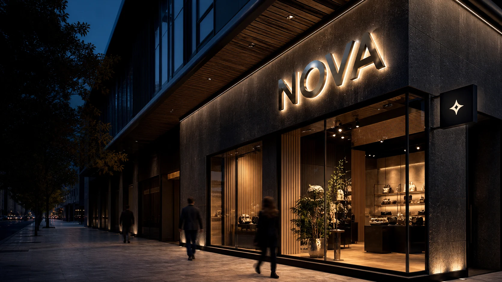 Fachada comercial con letrero volumétrico iluminado