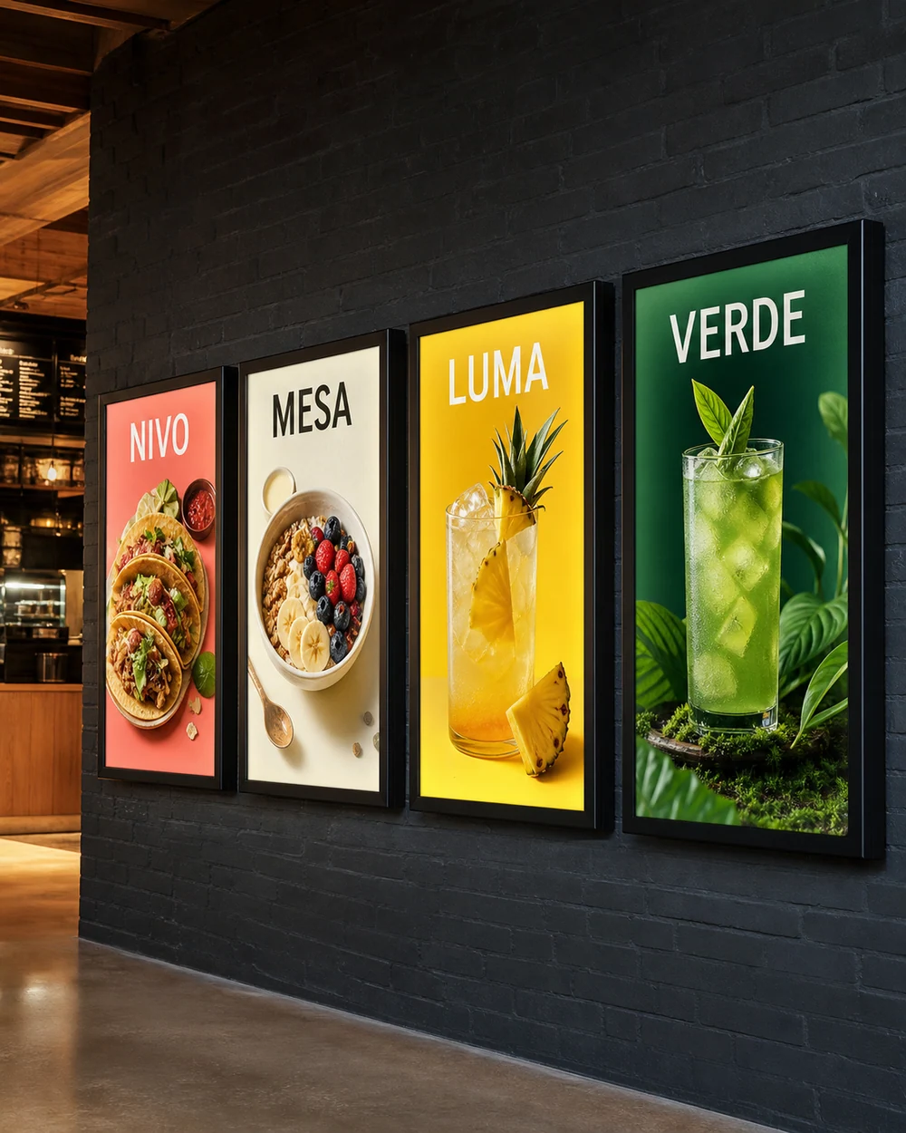 Marcos Clip iluminados con campañas gastronómicas ficticias