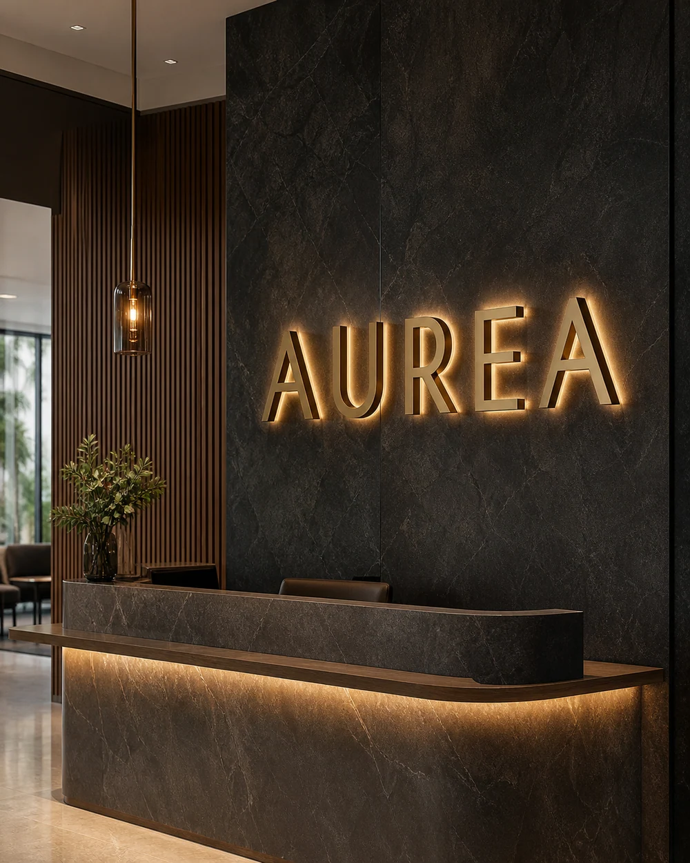 Letras volumétricas AUREA en recepción